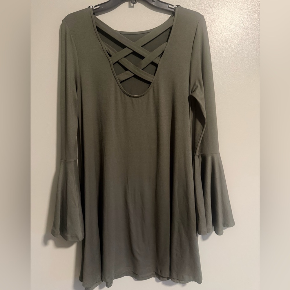 Altar'd State Green Karol Long Bell Sleeve Olive Boho Dress lattice back S - Picture 6 of 10